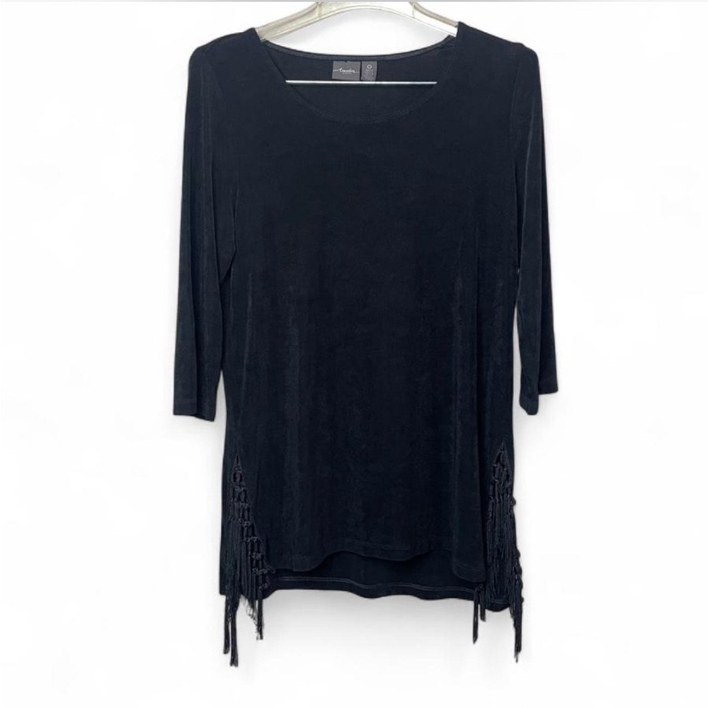 Travelers by Chico Black 3/4 Sleeve Tunic Fringe Slits Boho/Western Women’s S